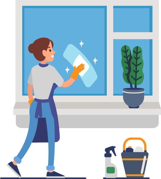 A cartoon woman cleans a window with environmentally clean products